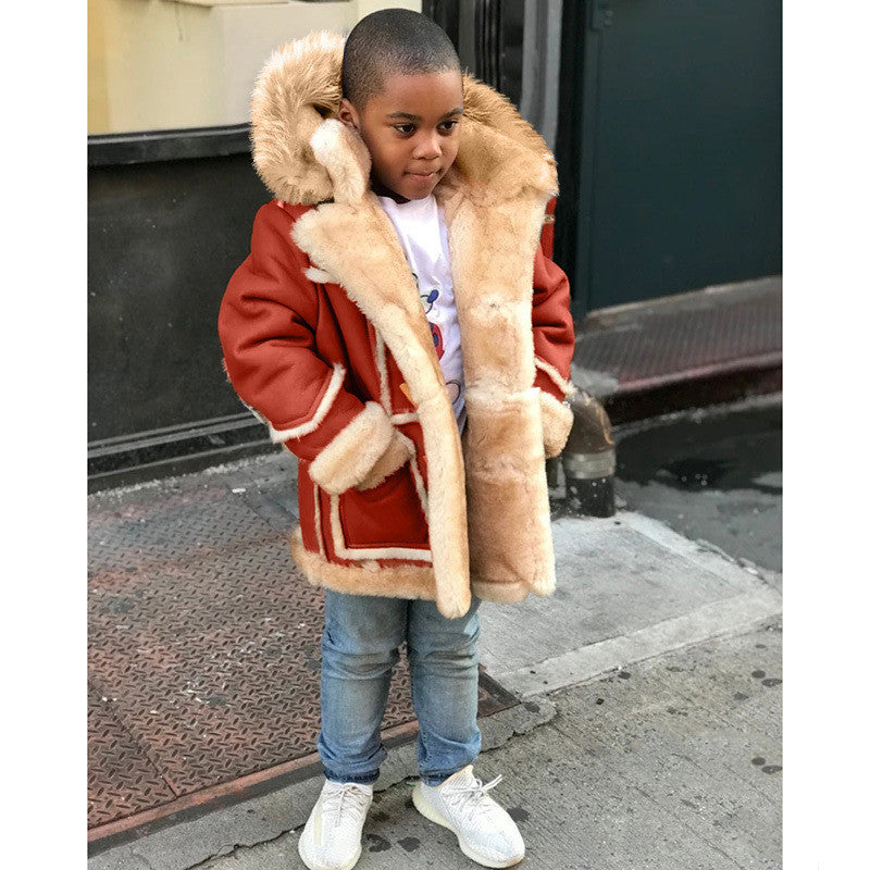 Boys' Warm Fur All-in-one Fashion Hooded Jacket Red - D&A