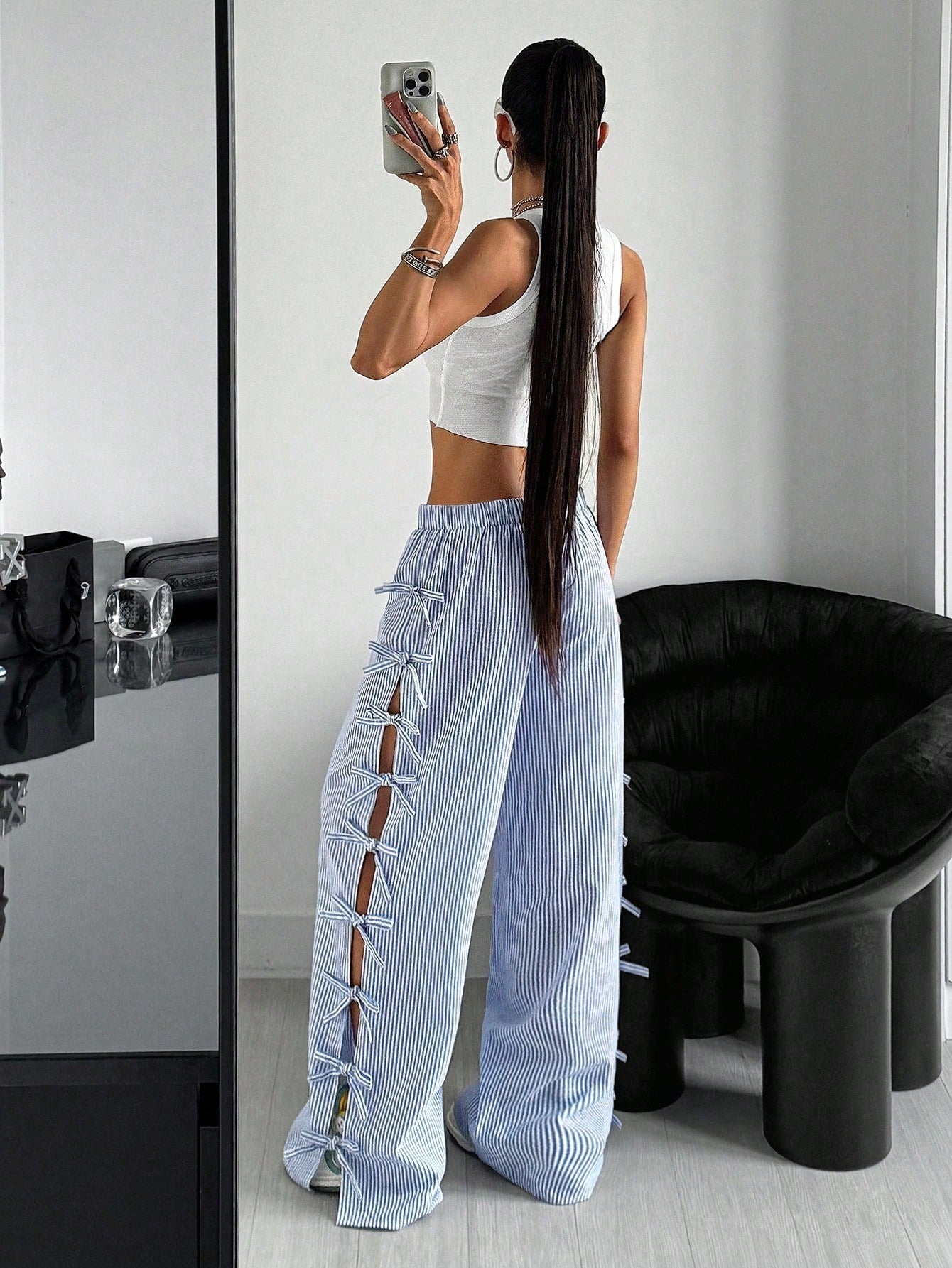 Waist Side Tie Bow Striped Wide Leg Pants - D&A