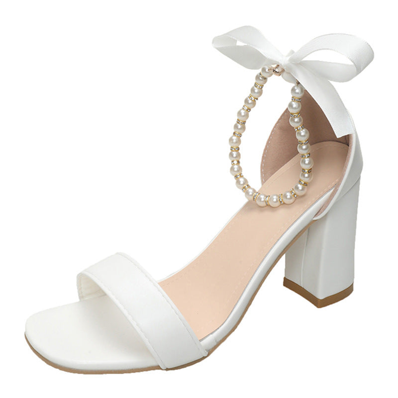 Summer New Pearl Bow Buckle Open Toe Chunky Heel All-match Sandals - D&A