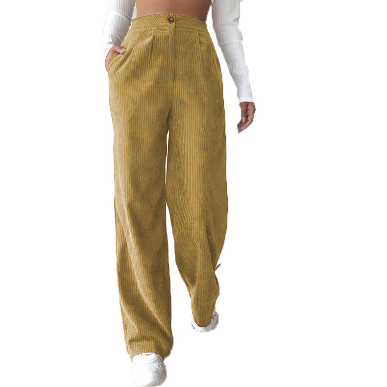 Women's High Waist Casual Pants Solid Color Corduroy Baggy Straight Trousers - D&A