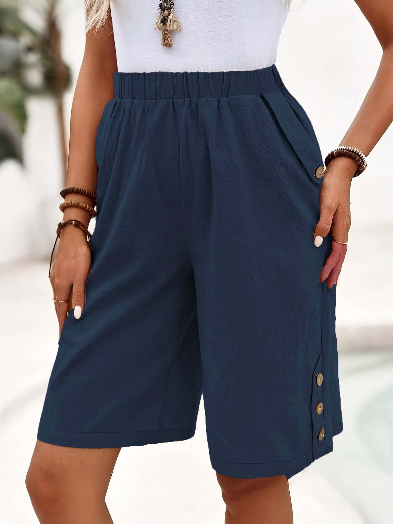 Cotton Linen Shorts Fifth Pants Women's Solid Color Casual Straight Pants Dark Blue - D&A