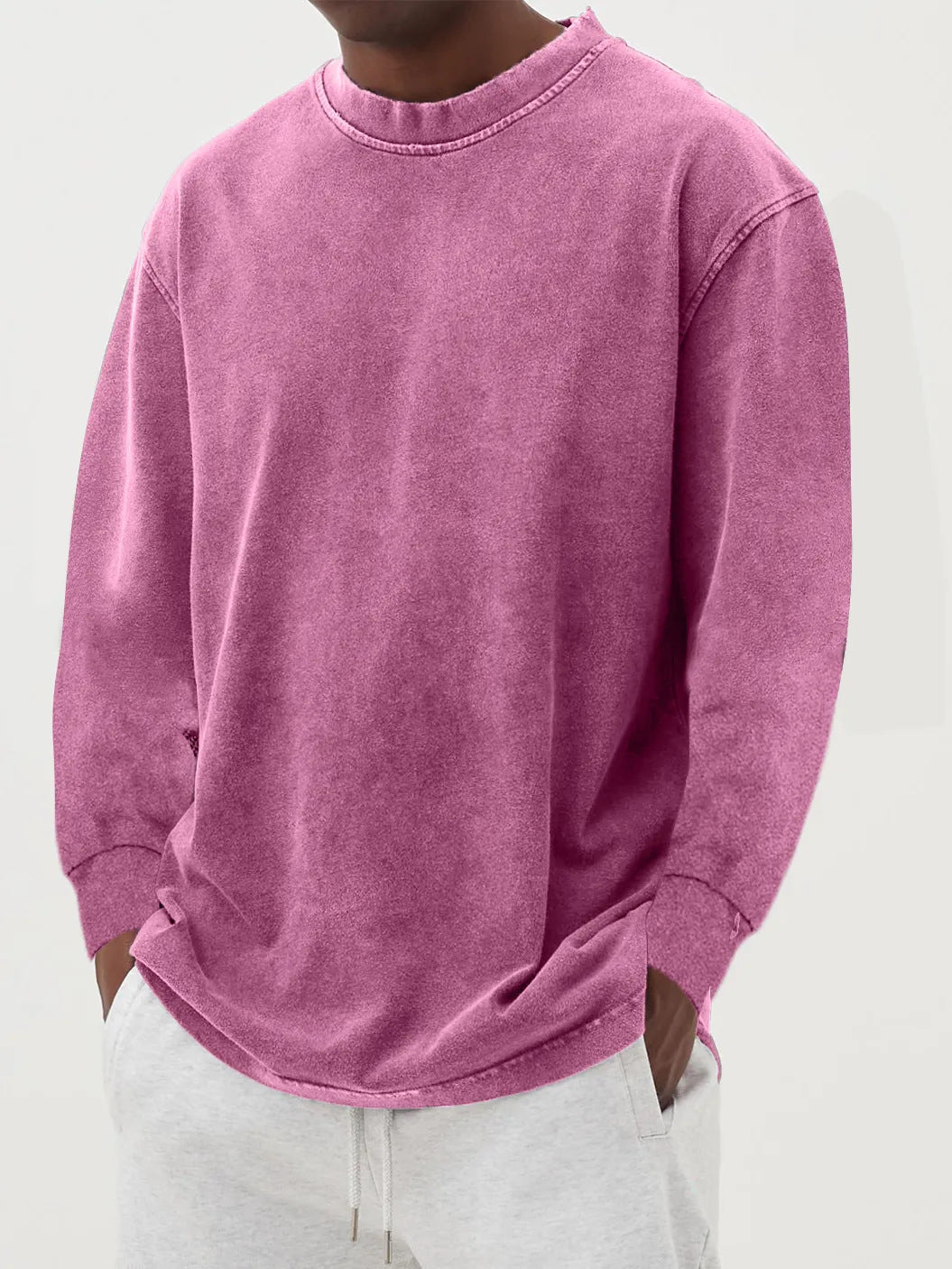 Washed Old Solid Color Men's Long-sleeved T-shirt Rose Red - D&A
