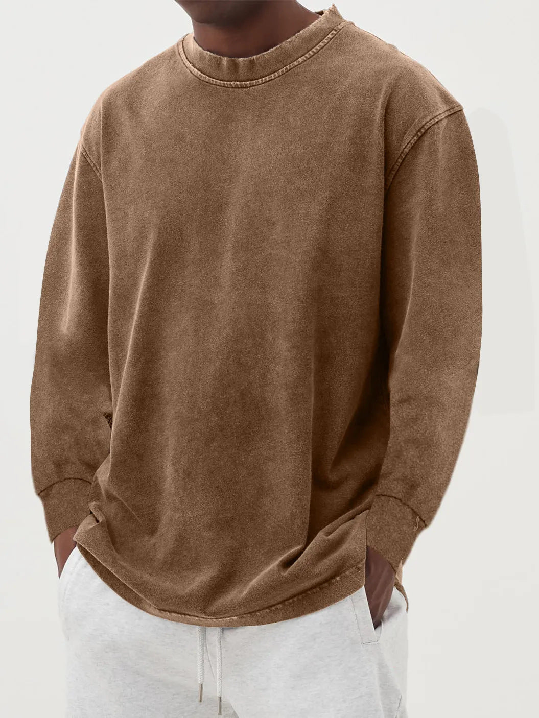 Washed Old Solid Color Men's Long-sleeved T-shirt Camel - D&A