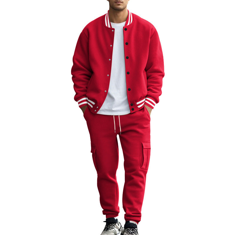 Stand Collar Baseball Uniform Trousers Fleece-lined Casual Coat Sports Suit Bright Red - D&A