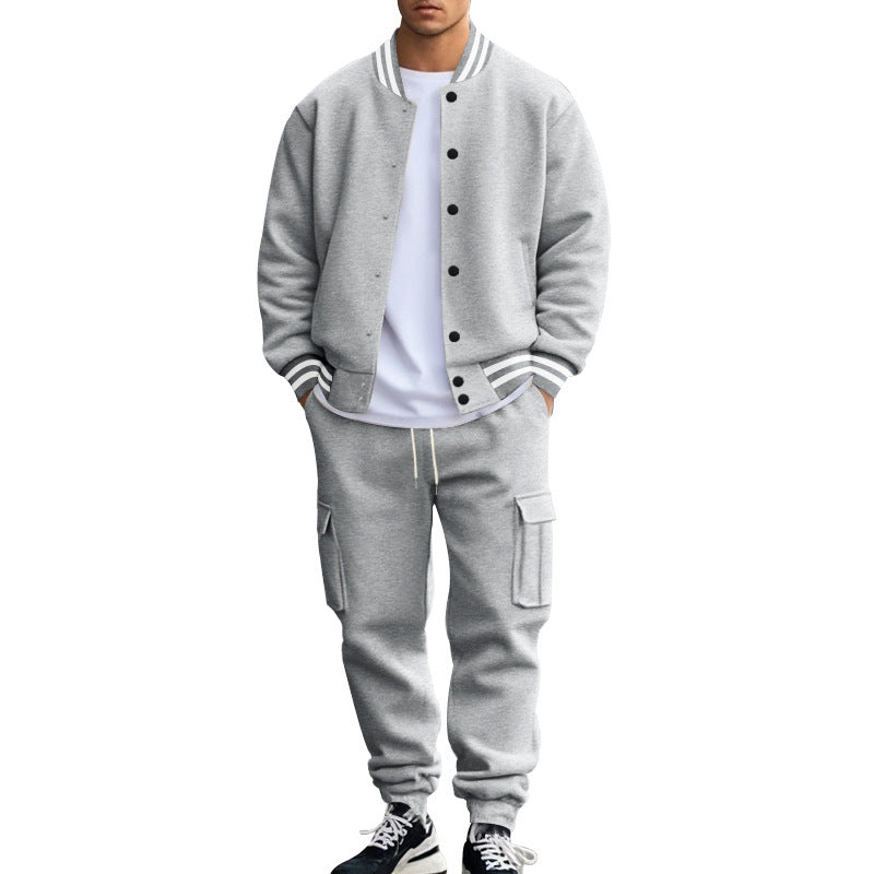 Stand Collar Baseball Uniform Trousers Fleece-lined Casual Coat Sports Suit Light Gray - D&A