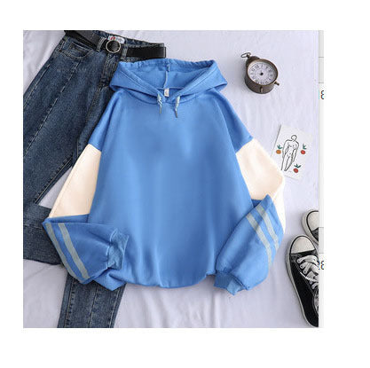 White Version Stitching Loose Casual Fleece-lined Cross-border Hoodie Blue Contrast Color - D&A