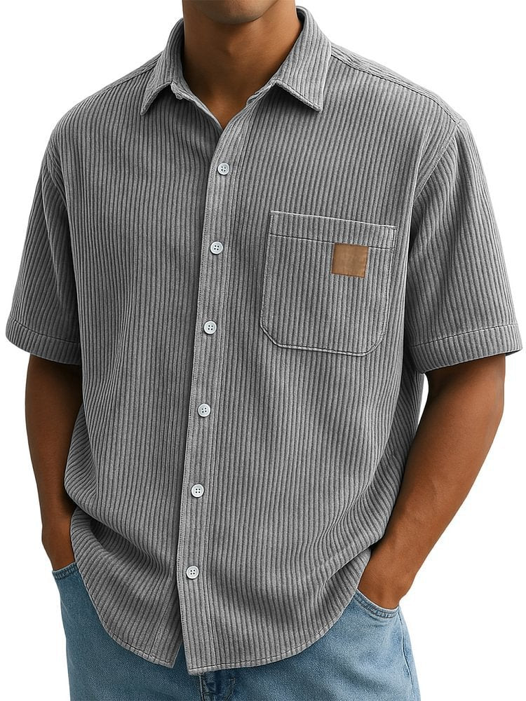 Versatile Leisure Corduroy Leather Sticker Pocket Short Sleeve Shirt Gray - D&A