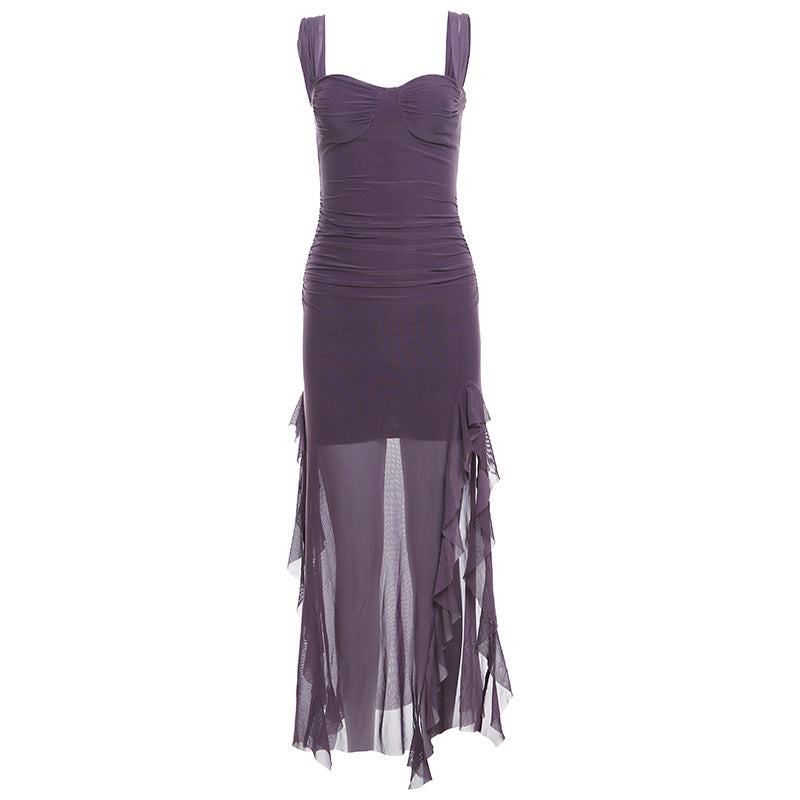 Spring New Women's Sexy Hot Girl Strap Tube Top Split Sheath Long Dress Purple - D&A