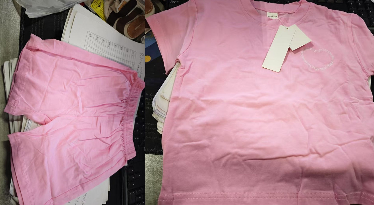 Heart Printing Short Sleeve Suit Korean Style Baby Boys' And Girls' Clothing Two-piece Set Pink - D&A