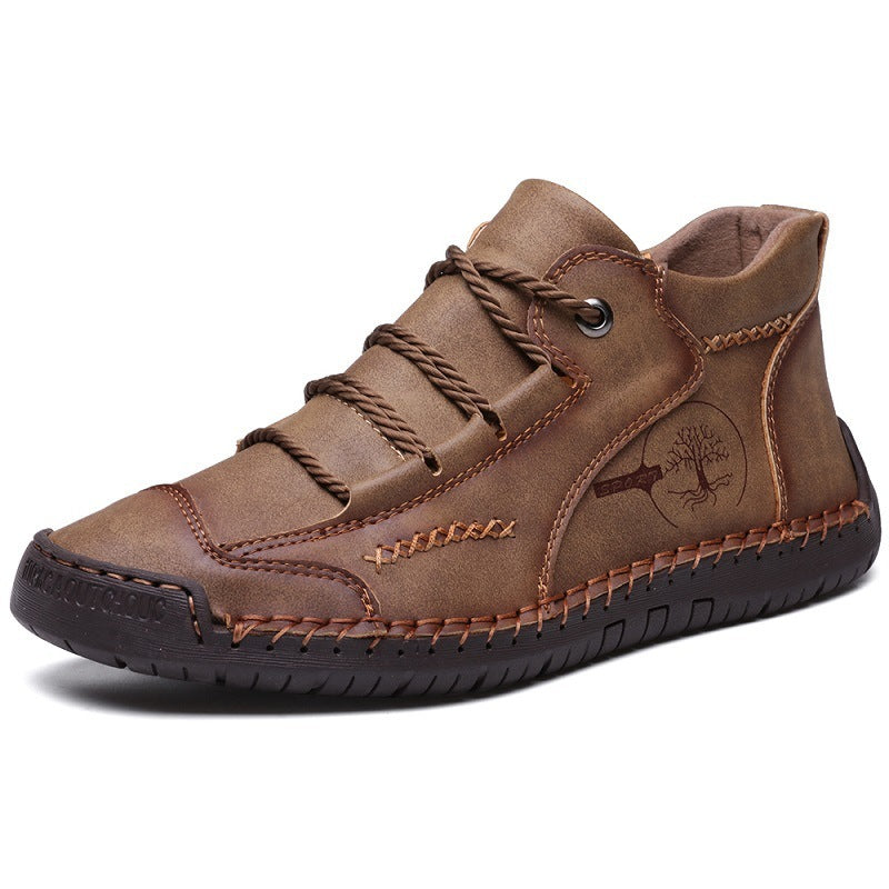 Men's Autumn Sewing High-top Leather Flat Outdoor Work Clothes Casual Shoes - D&A