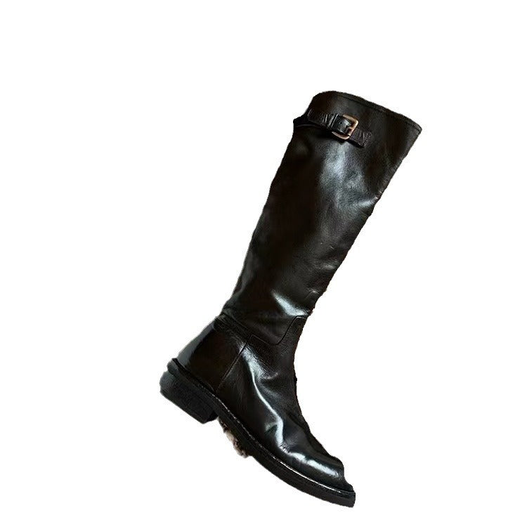 Washed Horse Leather Belt Buckle Thick Bottom Thigh High Boots Women - D&A