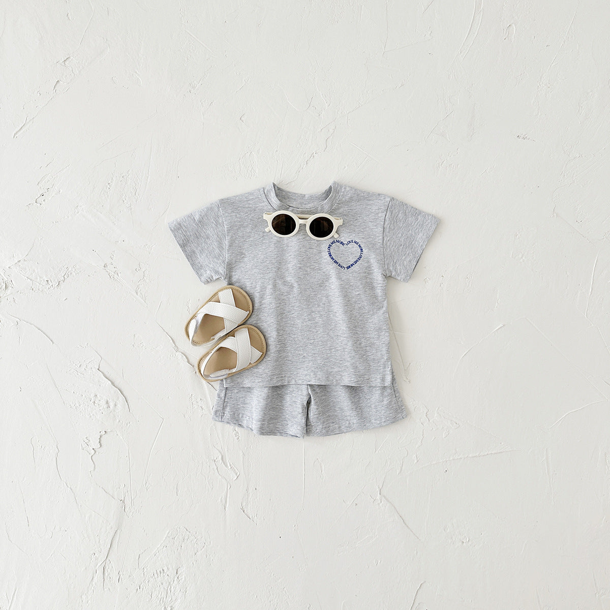 Heart Printing Short Sleeve Suit Korean Style Baby Boys' And Girls' Clothing Two-piece Set Gray - D&A