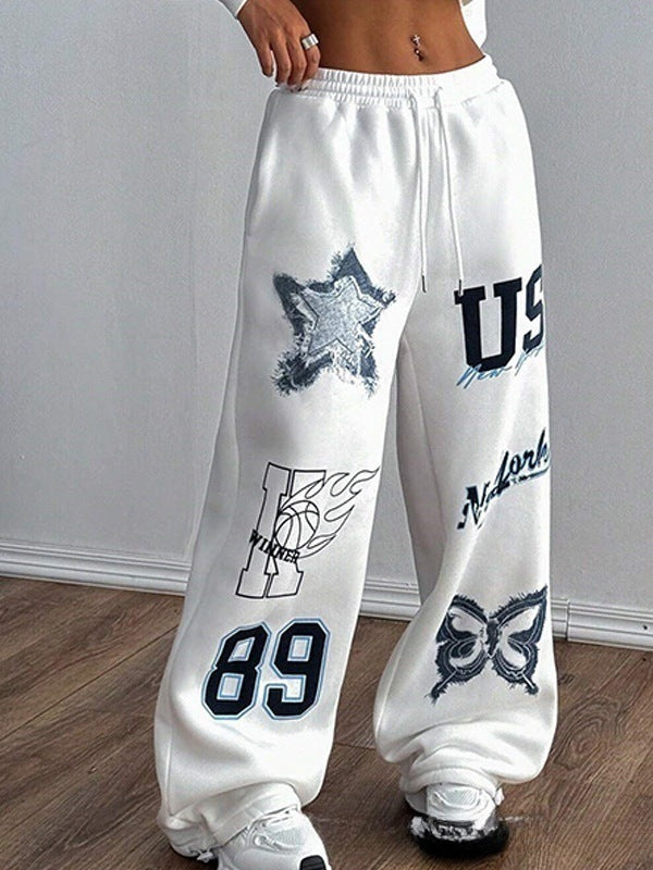Women's Printed Drawstring Straight Sports Casual Pants - D&A