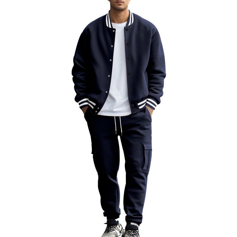 Stand Collar Baseball Uniform Trousers Fleece-lined Casual Coat Sports Suit - D&A