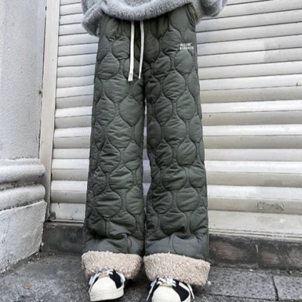 Winter Cotton-padded Waterproof Patchwork Lambskin Cotton Pants Green - D&A