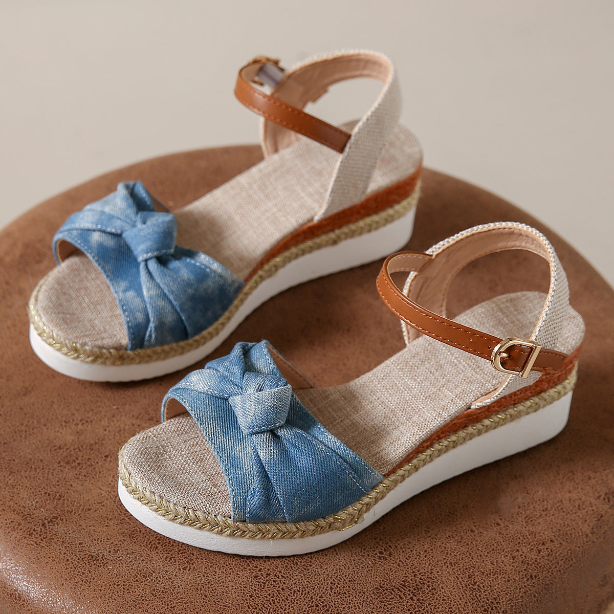 Bowknot Fashion Sandals Fish Mouth Buckle Rope Bottom Lake Blue - D&A