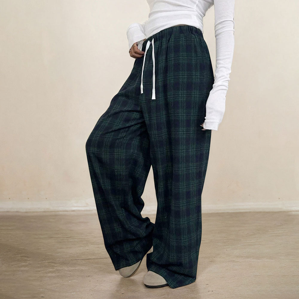 Women's Casual Plaid Trousers Elastic Waist Casual Pants - D&A