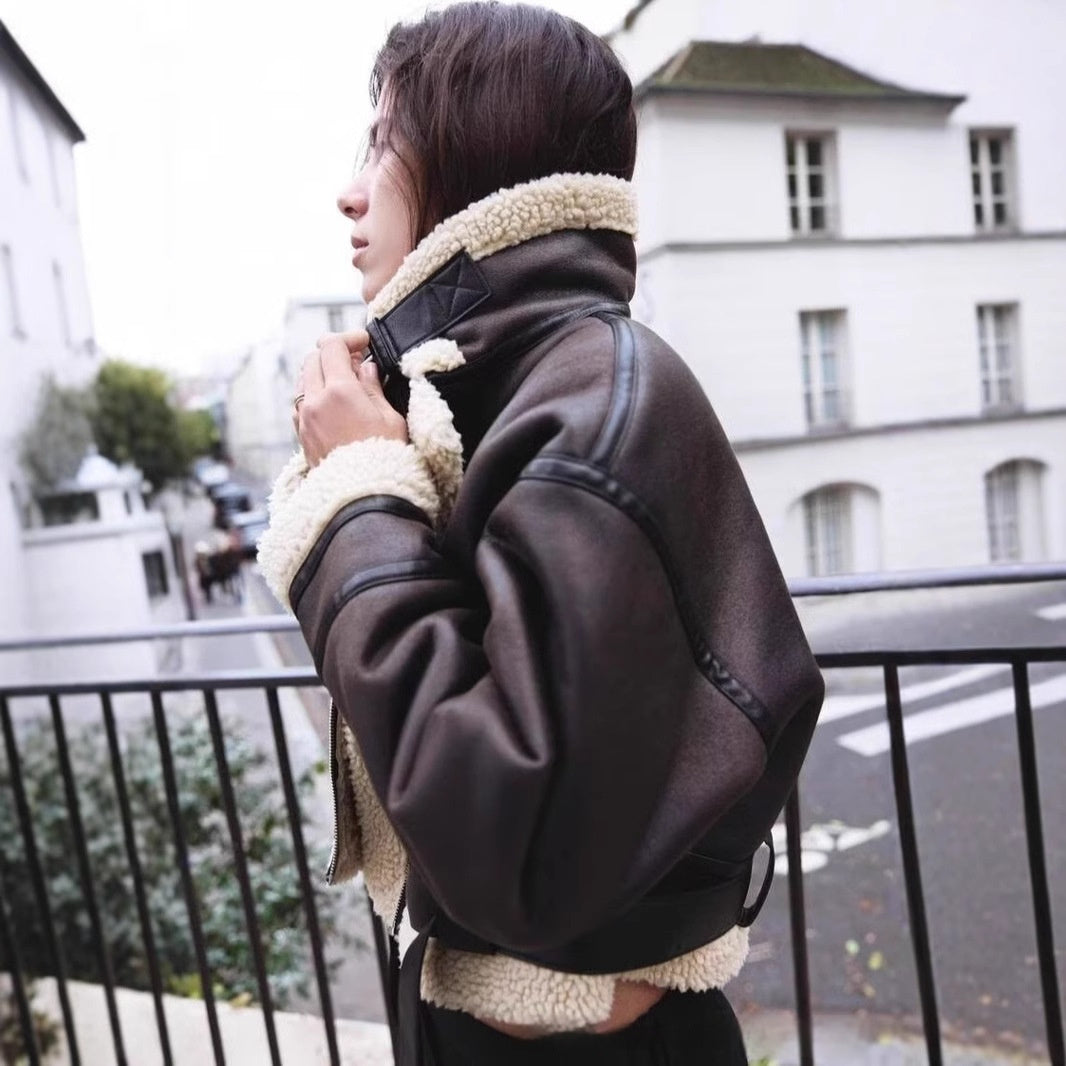 Wear Fur Integrated Lapel Thickening Warm Double-sided Casual Short Jacket Coat - D&A