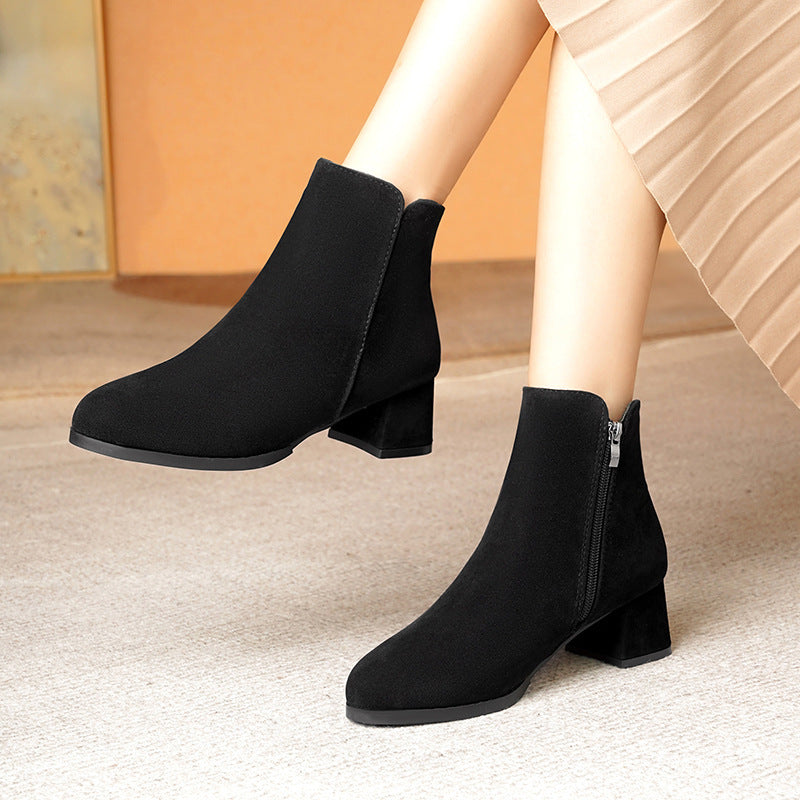 Pointed-toe Frosted Suede Side Zipper Chunky Heel Mid Heel Plus Size Female Boots - D&A