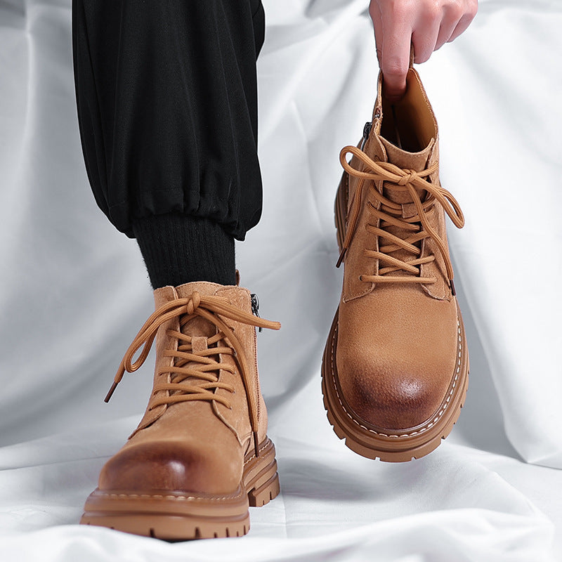 High-top Leather Shoes Leather Zipper Short Boots - D&A