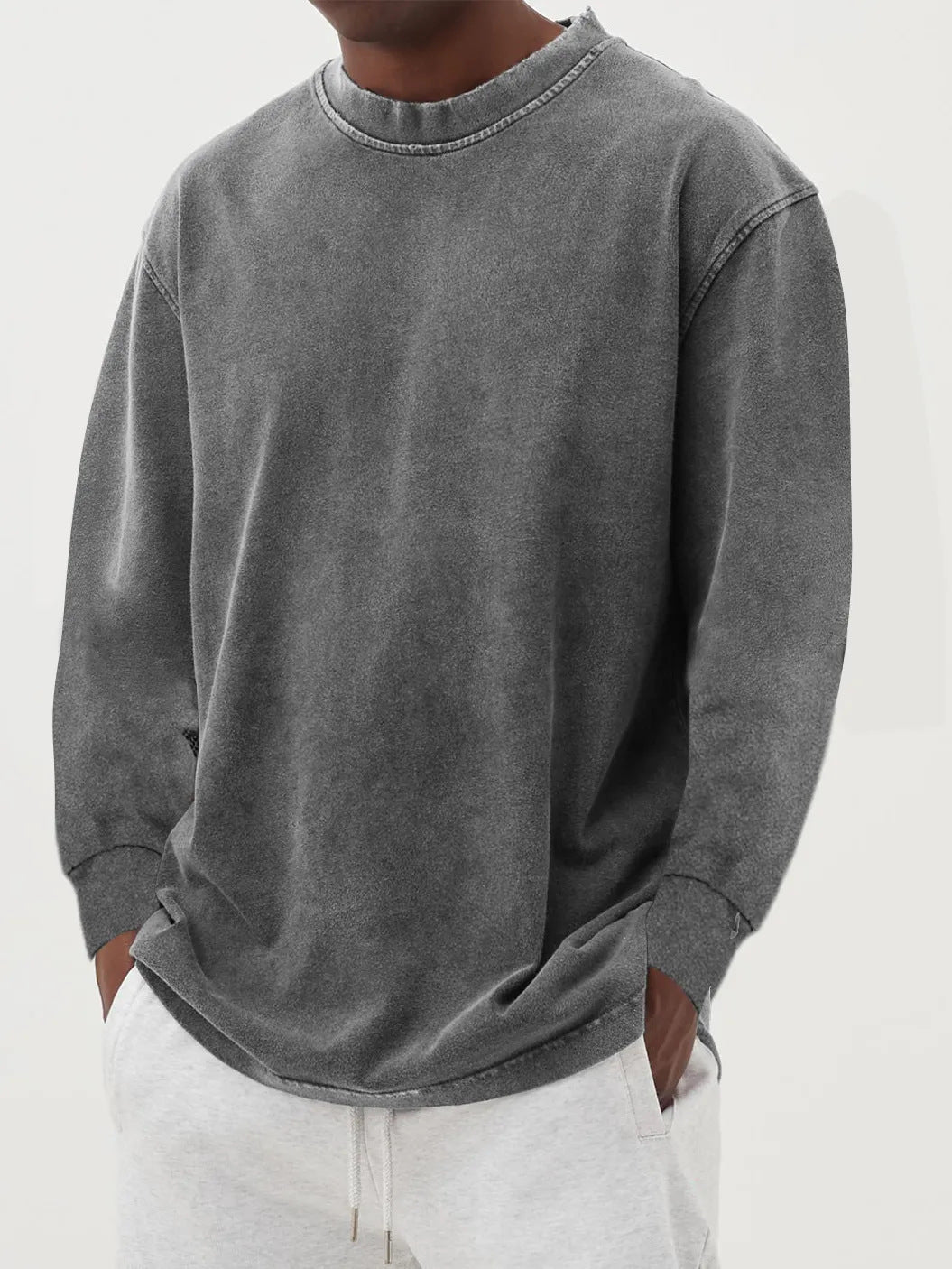 Washed Old Solid Color Men's Long-sleeved T-shirt Gray - D&A