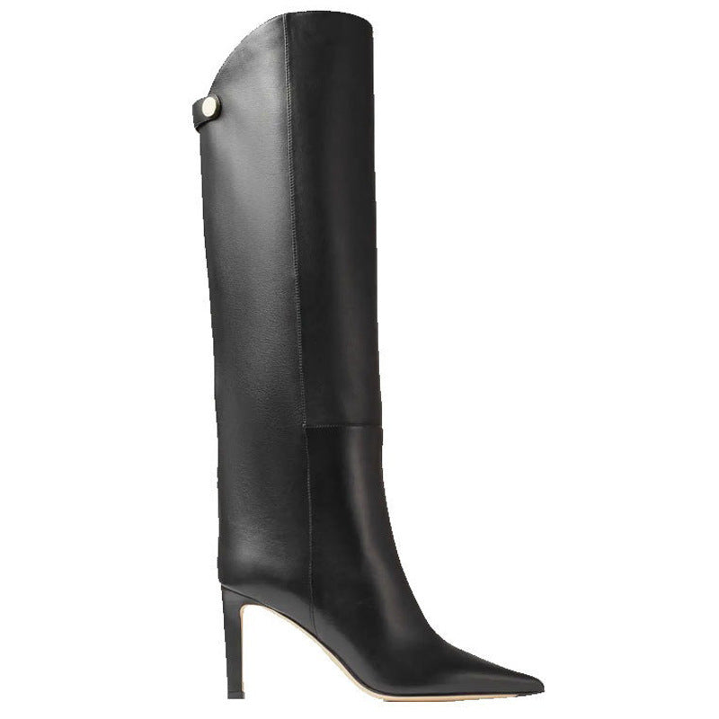 Simple European And American Style Fashion Catwalk Pointed-toe Stiletto Straight Boots Black Leather - D&A