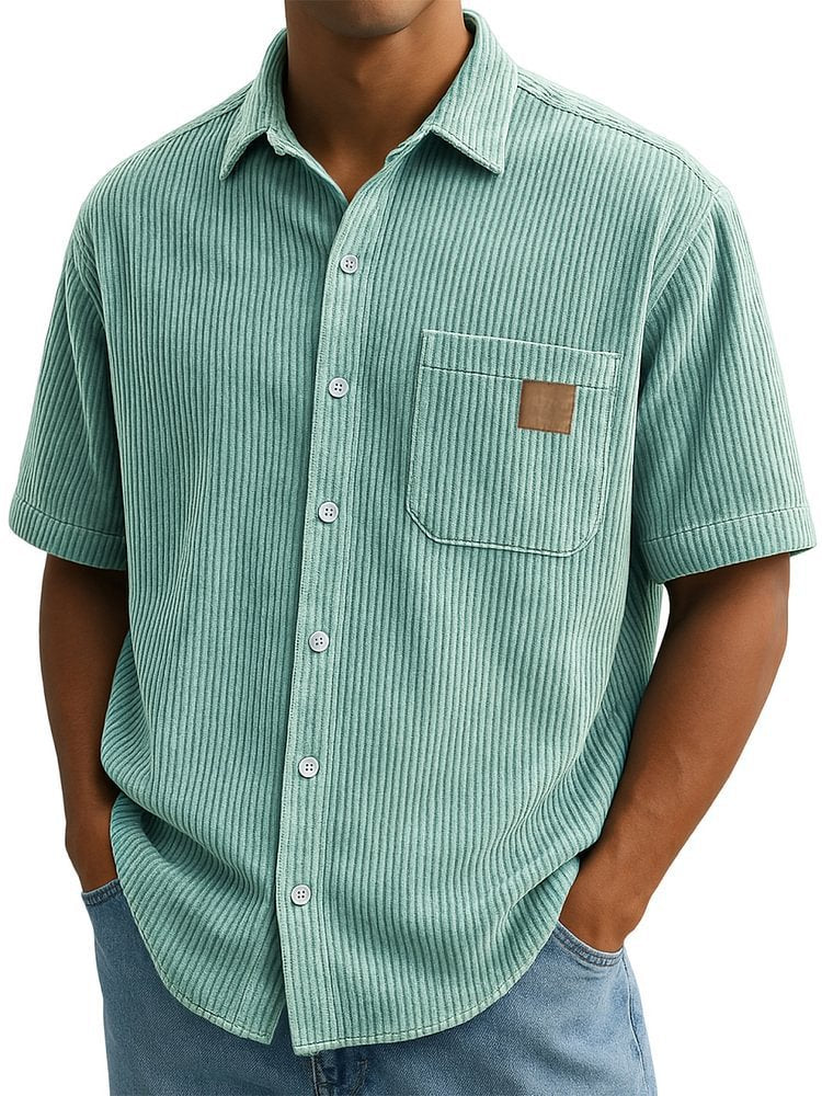 Versatile Leisure Corduroy Leather Sticker Pocket Short Sleeve Shirt Green - D&A