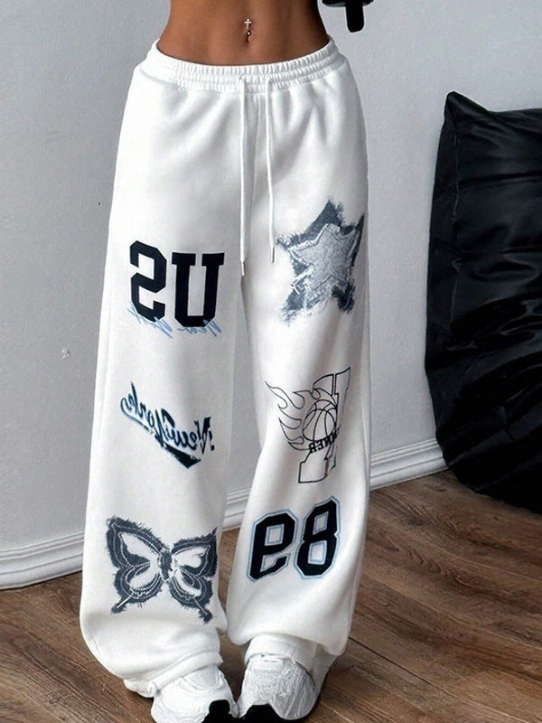 Women's Printed Drawstring Straight Sports Casual Pants - D&A