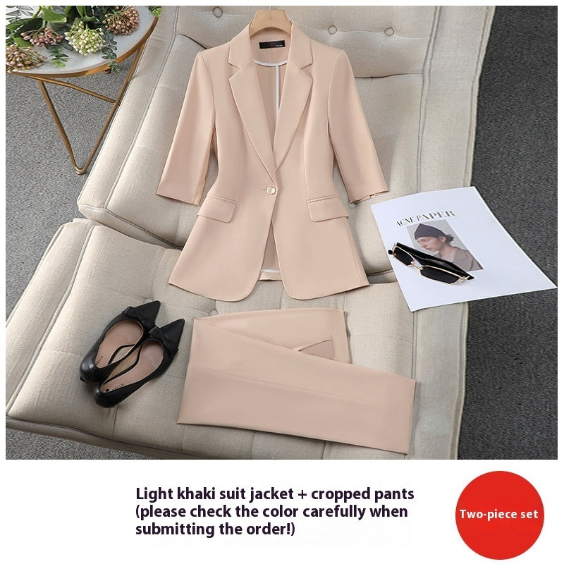 Three-quarter Sleeve Waist Trimming Casual Stylish Thin Suit Khaki Suit Pants - D&A