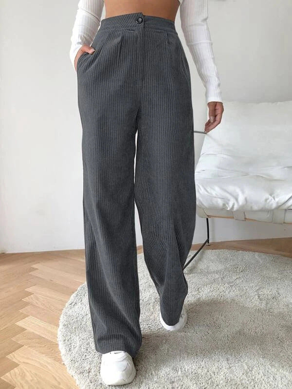 Women's High Waist Casual Pants Solid Color Corduroy Baggy Straight Trousers Dark Gray - D&A
