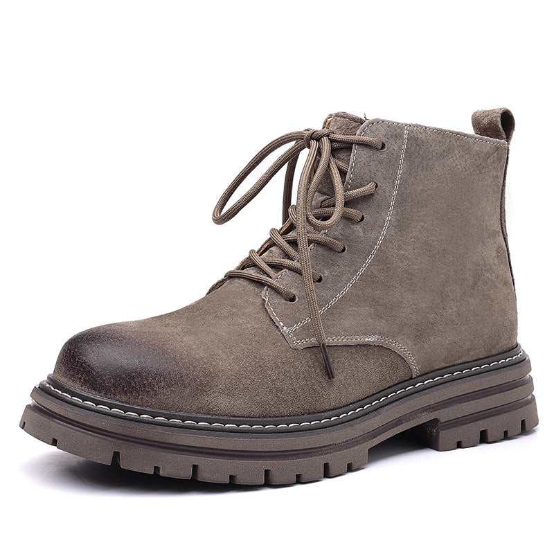 High-top Leather Shoes Leather Zipper Short Boots Gray Height Increasing - D&A