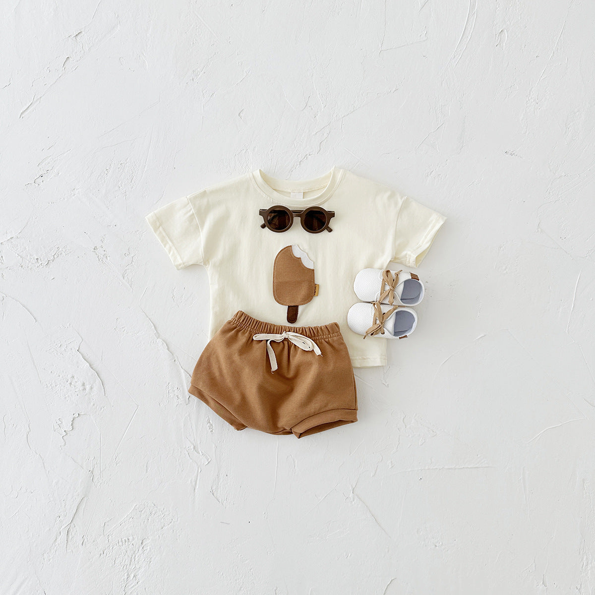 Girls' Casual Round Neck Cotton Ice Cream Patch Short Sleeve Shorts Suit White - D&A