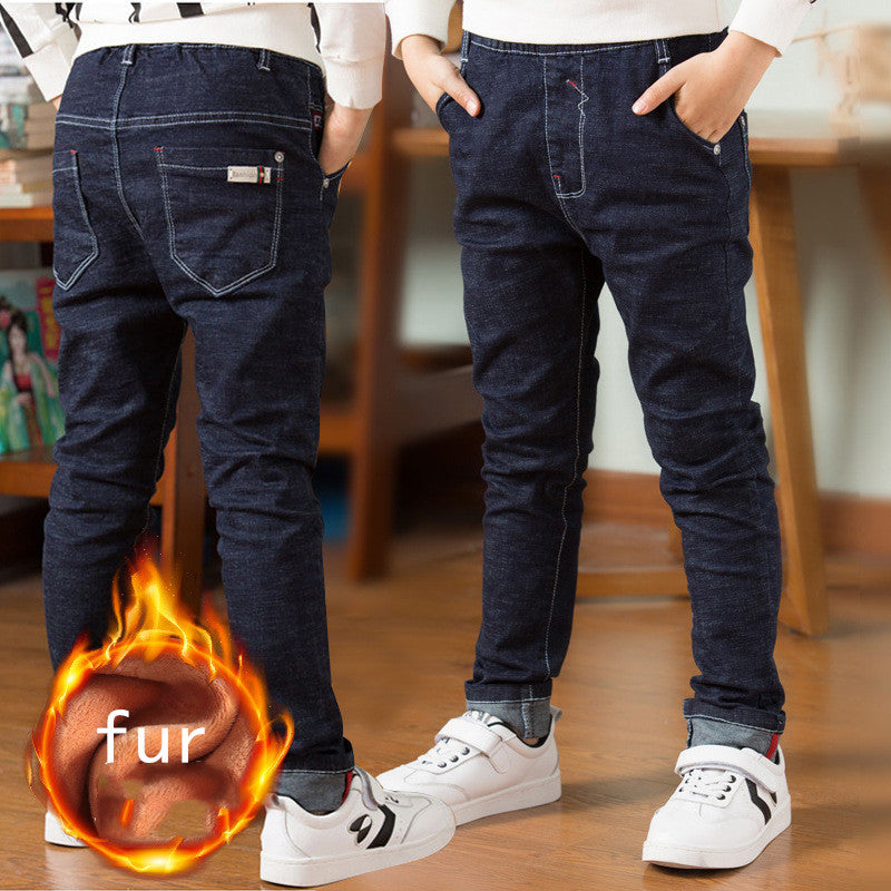 Children's Clothing, Boys' Jeans With Thick Fleece, Winter Children's Casual Wear Blue fur - D&A
