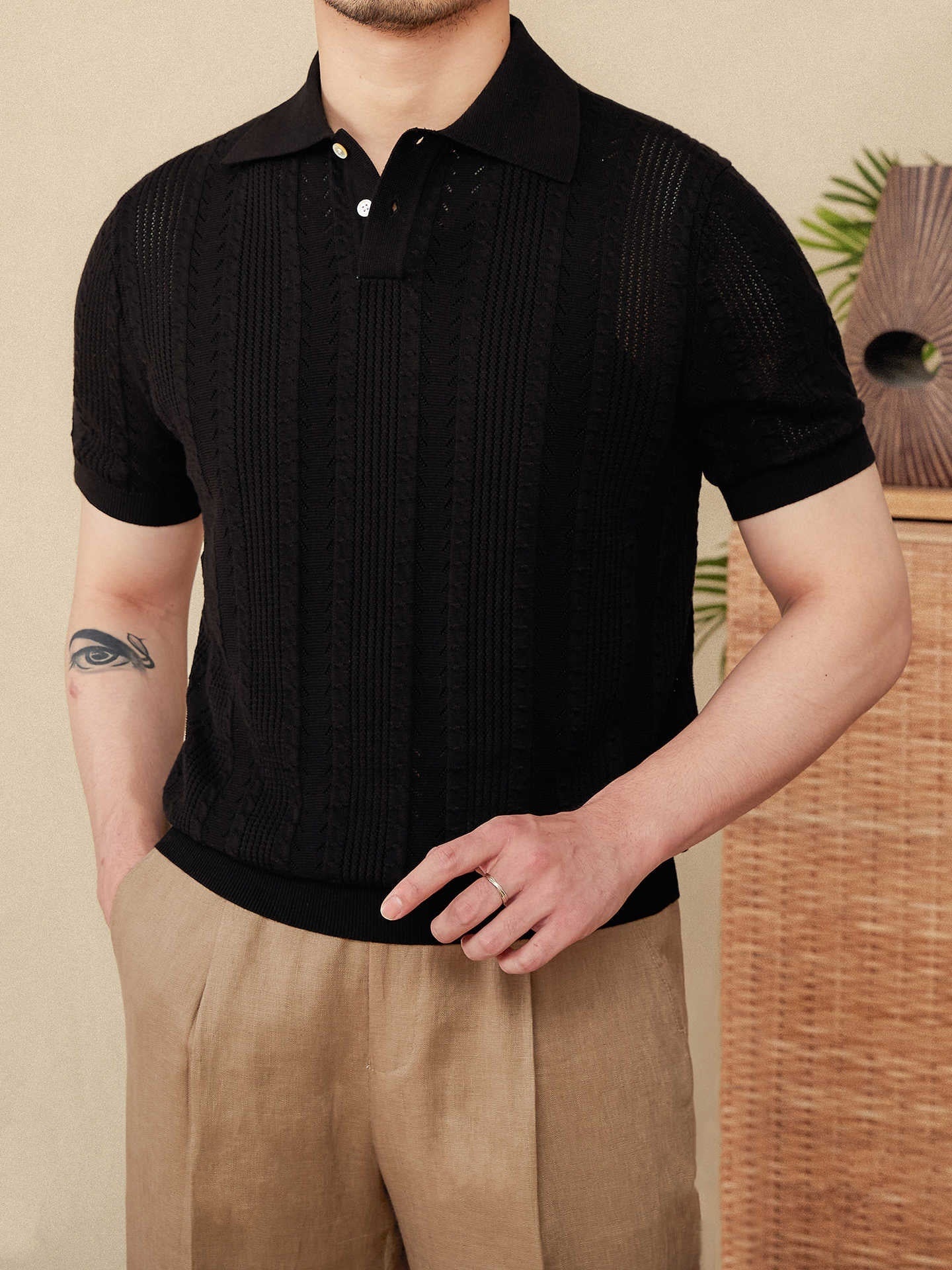 Cotton Hollow Lapel Short Sleeve POLO Knitted T-shirt - D&A