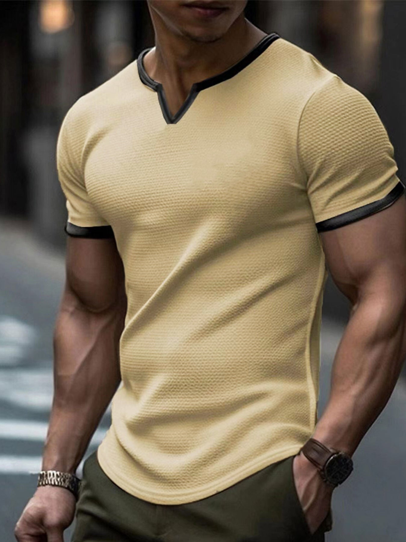 Color-block V Neck Outdoor Sports Waffle T-shirt Khaki - D&A