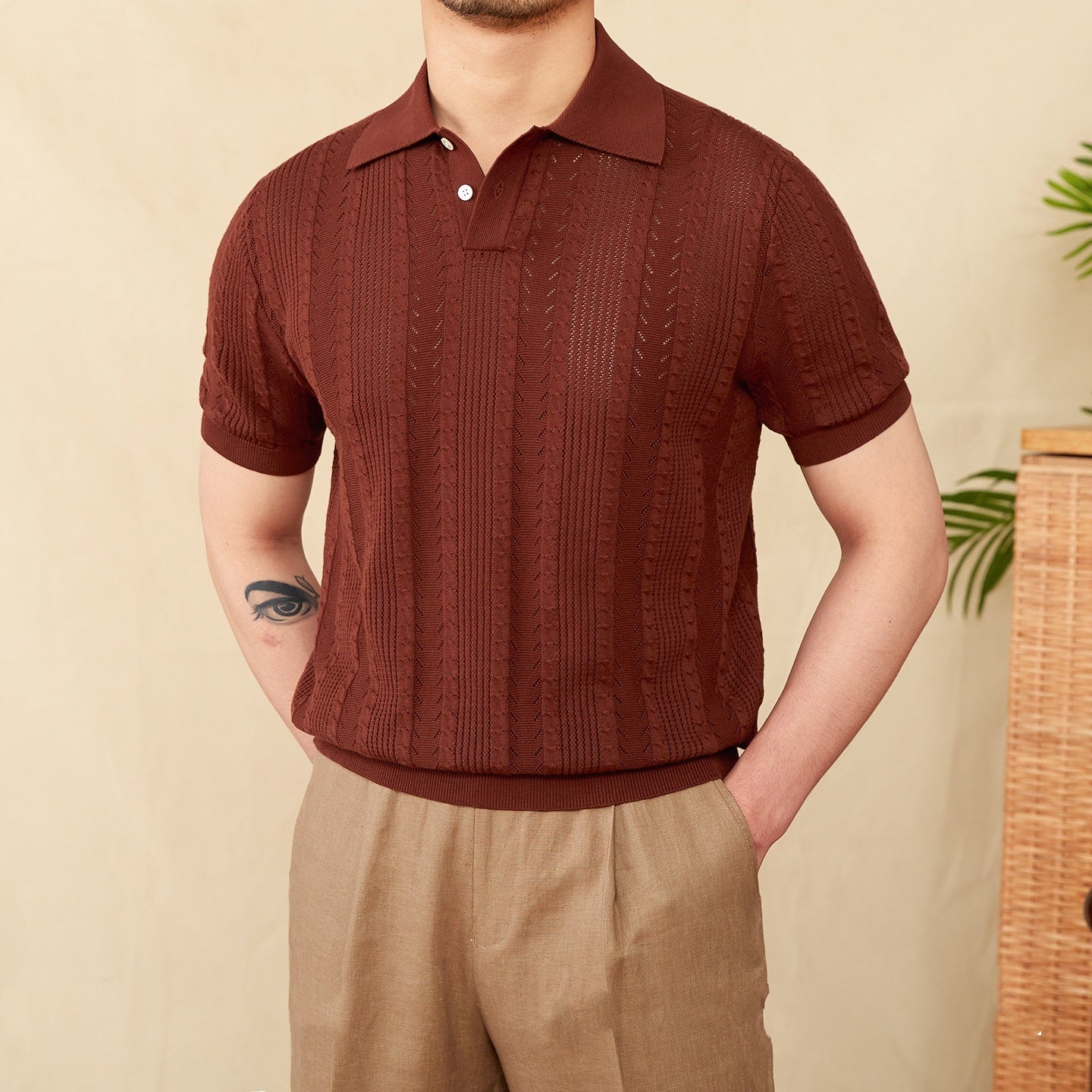Cotton Hollow Lapel Short Sleeve POLO Knitted T-shirt Coffee - D&A