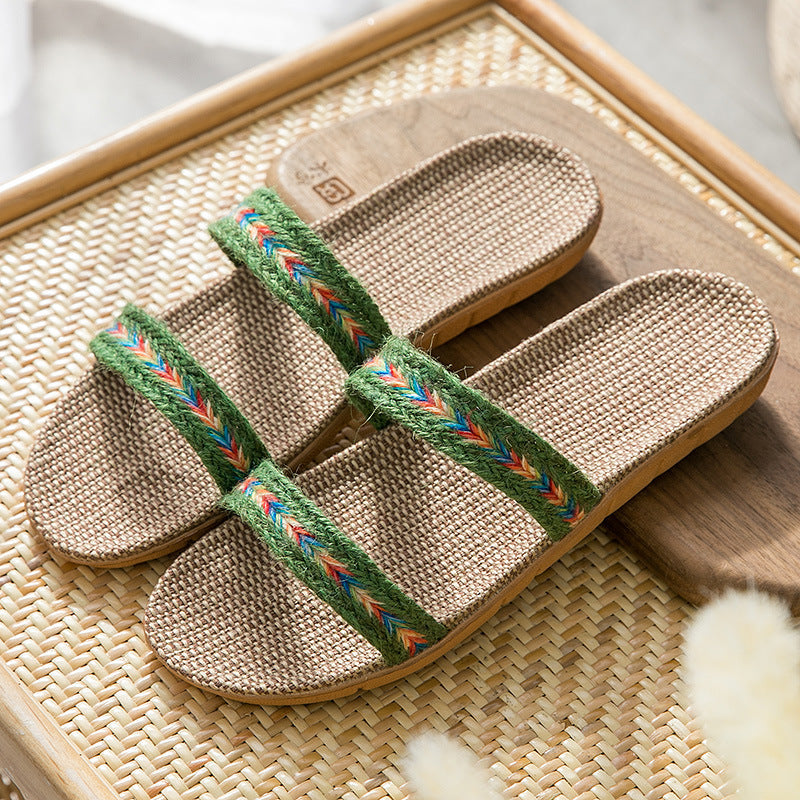 Women's Indoor Floor Platform Non-slip Flip-flops Household Slippers Green Jacquard Bar - D&A