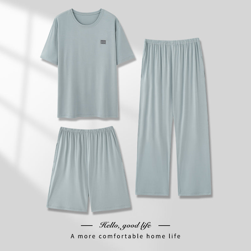 Men's Pajamas Thin Spring And Summer Modal Short-sleeved Trousers Three-piece Home Wear Suit QK1692 - D&A