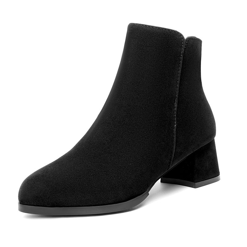 Pointed-toe Frosted Suede Side Zipper Chunky Heel Mid Heel Plus Size Female Boots Black - D&A