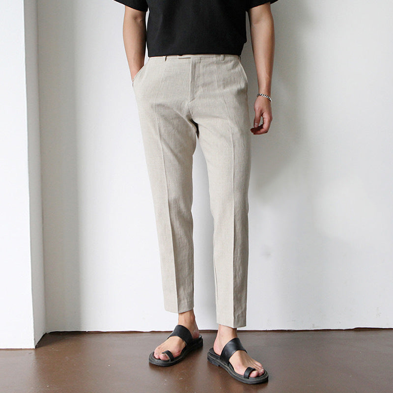White For Men Cotton Fabric Cropped Linen Trousers - D&A