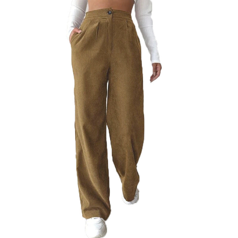 Women's High Waist Casual Pants Solid Color Corduroy Baggy Straight Trousers - D&A