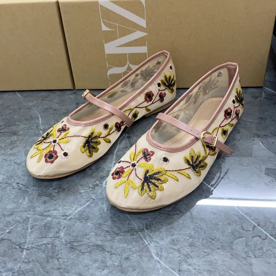 Women's Shoes Green Flower Embroidered Mesh Cloth Ballerina Flats New Guo Feng - D&A