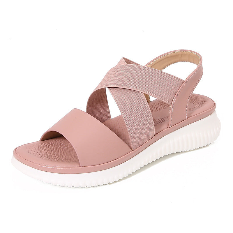 Bohemian Style Striped Stretch Rubber Band Flat Sandals Glittering Powder - D&A