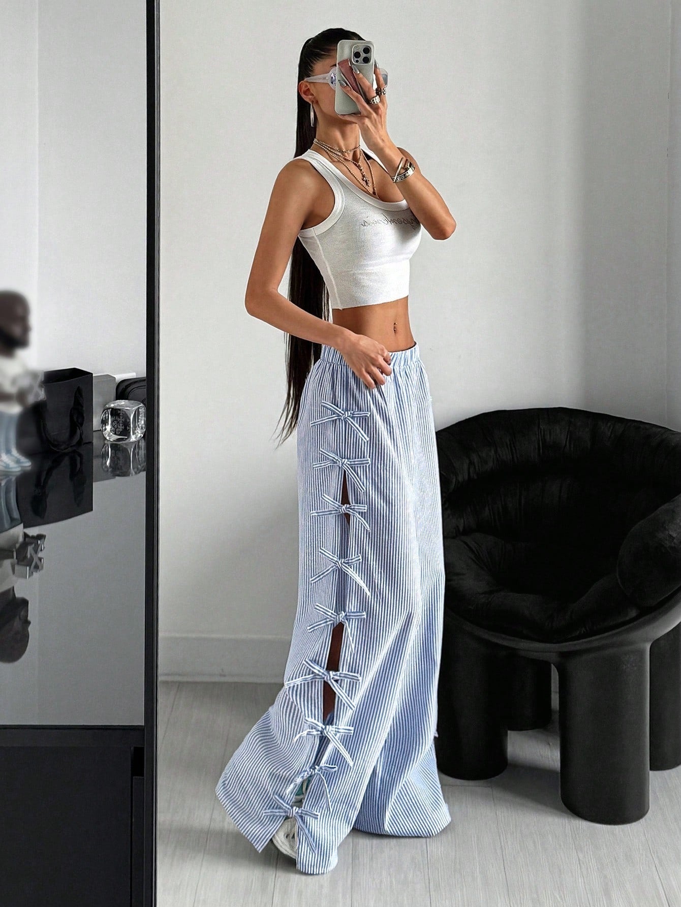 Waist Side Tie Bow Striped Wide Leg Pants - D&A