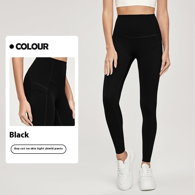 7A Antibacterial Cool Feeling Yoga Pants Outer Wear Pocket High Waist Hip Lift Sports Tights Black - D&A