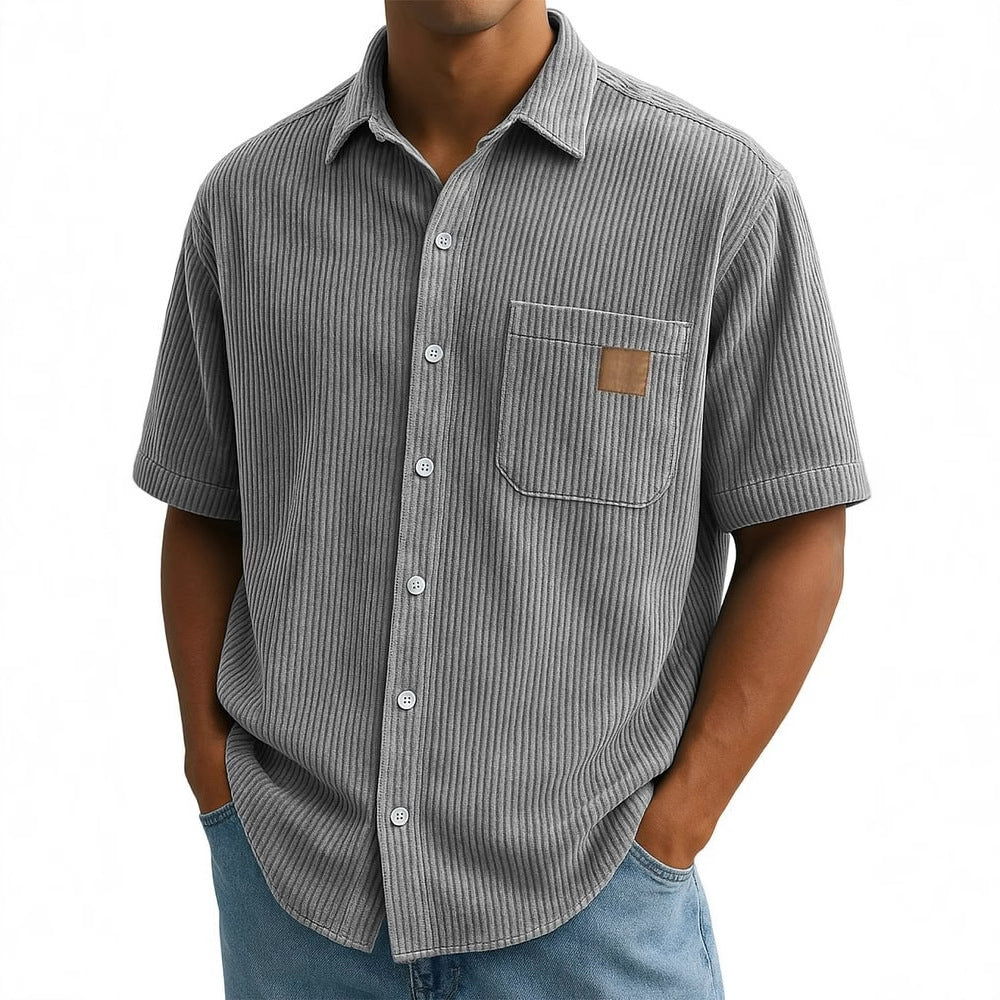Versatile Leisure Corduroy Leather Sticker Pocket Short Sleeve Shirt - D&A