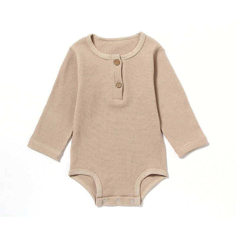 Spring And Autumn Romper R Baby Long Sleeve Waffle Khaki button - D&A