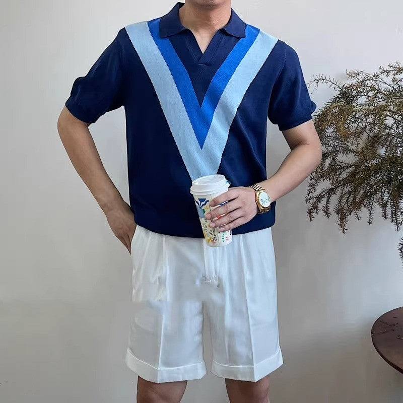 V-neck Short-sleeved Sweater Men's Striped Blue - D&A