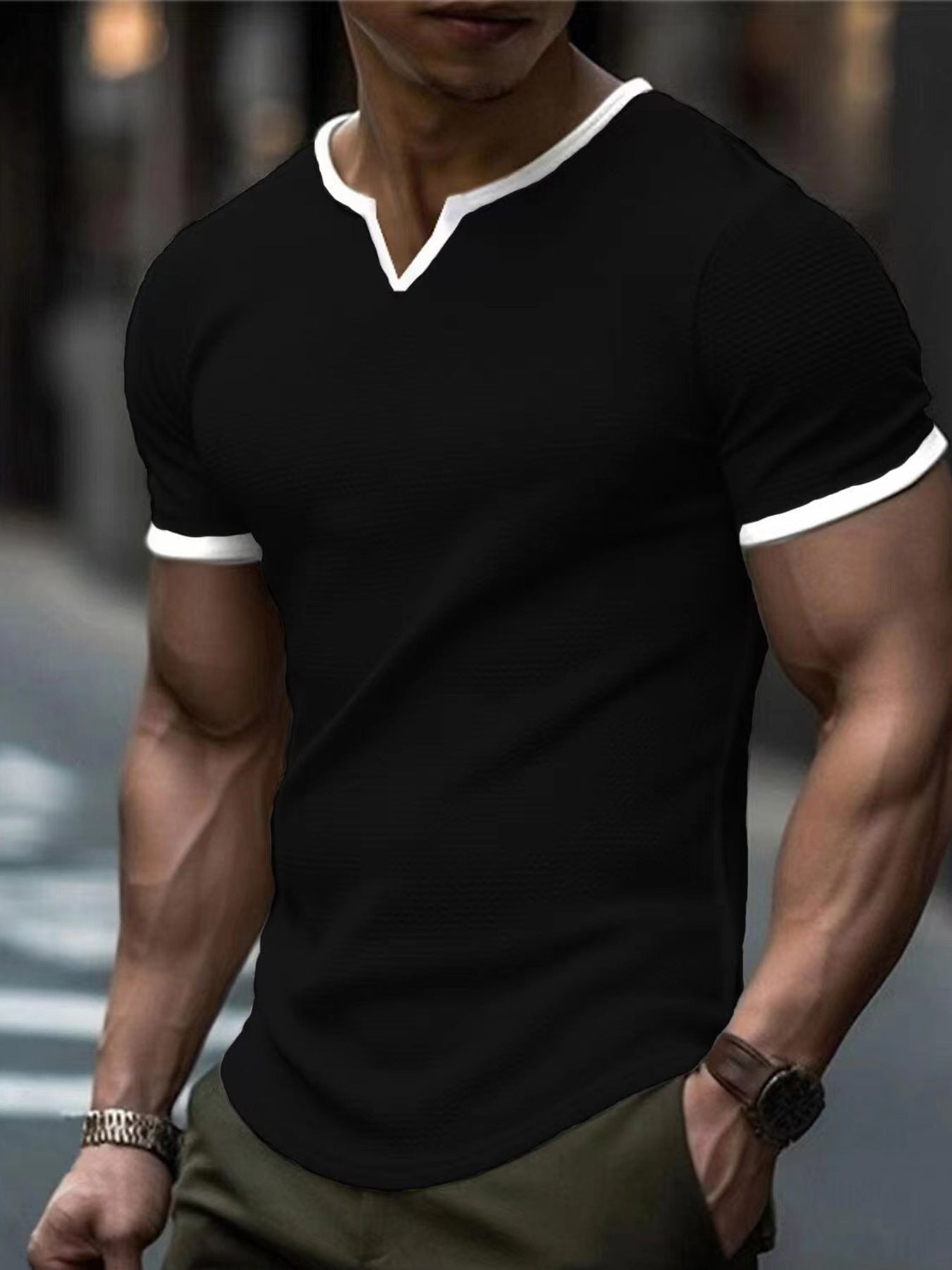Color-block V Neck Outdoor Sports Waffle T-shirt Black - D&A