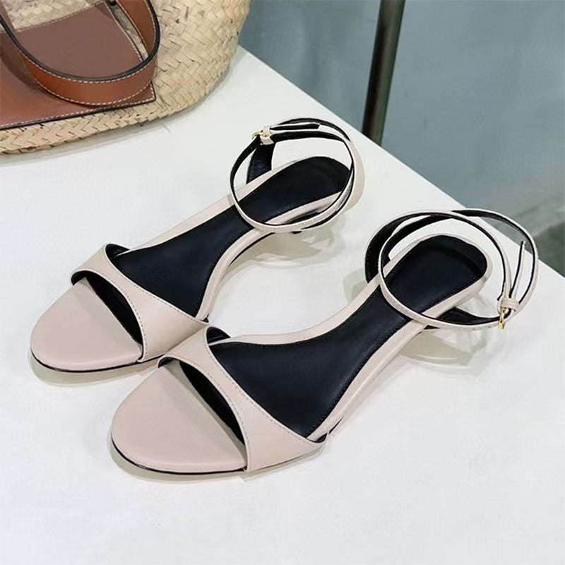 Women's Leather French-style Retro Open Toe Sandals With Kitten Heel Beige - D&A